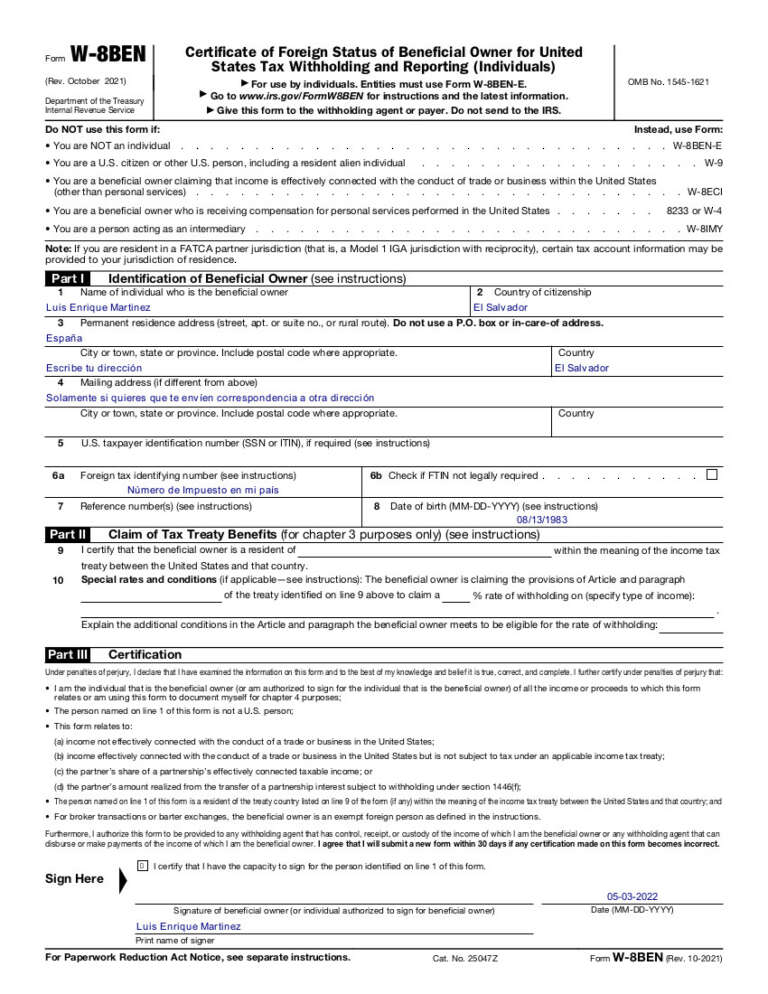 Documentaci N Adicional C Mo Llenar El Formulario W Ben Para No Residentes De Usa